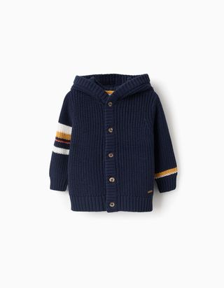 Casaco de Malha Canelada com Capuz e Riscas para Bebé Menino - Tamanho 9/12M