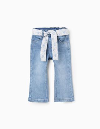 Calças de Ganga com Cinto Floral para Bebé Menina 'Flare Fit' - Tamanho 9/12M