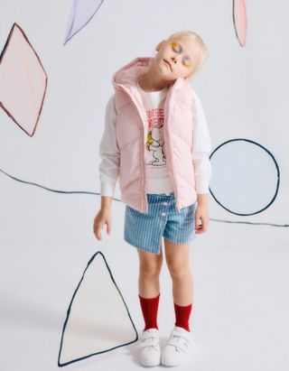 Saia-Calção de Ganga às Riscas + Elástico com Pompom para Menina - Tamanho 6/7