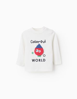 T-shirt de Manga Comprida em Algodão para Bebé Menino 'World' - Tamanho 6/9M Branco