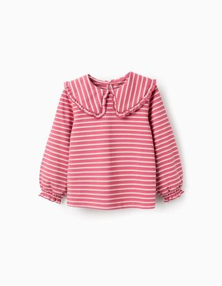 T-shirt às Riscas com Gola Maxi e de Folhos para Menina - Tamanho 6/7 Rosa/Branco