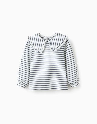 T-shirt às Riscas com Gola Maxi e de Folhos para Menina - Tamanho 4/5 Branco/Azul