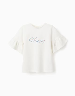 T-shirt de Algodão com Mangas de Folhos para Menina 'Happy' - Tamanho 3/4