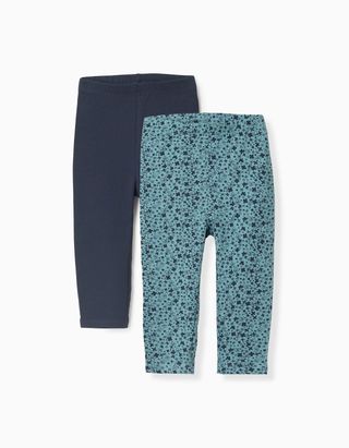 Pack 2 Leggings Motivo Floral/Liso para Bebé Menina - Tamanho 18/24M Verde/Azul