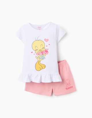 Pijama Curto de Algodão com Folhos para Menina 'Tweety' - Tamanho 3/4