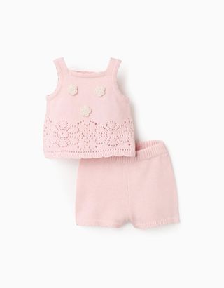 Conjunto de Malha com Flores de Crochet para Bebé Menina - Tamanho 9/12M