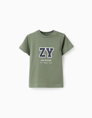 T-shirt de Algodão para Bebé Menino 'ZY' - Tamanho 9/12M Verde/Azul-Escuro/Branco