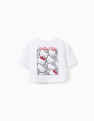T-shirt de Algodão Cropped para Menina 'Hello Kitty' - Tamanho 9/10