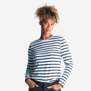 Camiseta vela manga larga marinera Mujer Tribord Sailing 100 rayas azules.38 Blanco