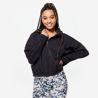 Chaqueta Fitness Mujer Negro Humo Capucha Manga Larga.M Negro