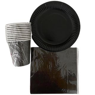 Set table NOIR de 10 assiettes + 10 gobelets + 10 mouchoirs