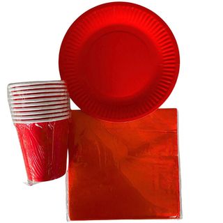 Set table ROUGE de 10 assiettes + 10 gobelets + 10 mouchoirs