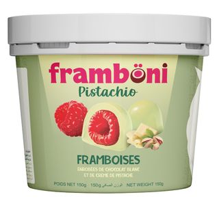 Framboni Pistachio- Framboise Enrobée De Chocolat Blanc Et Pistache 150G