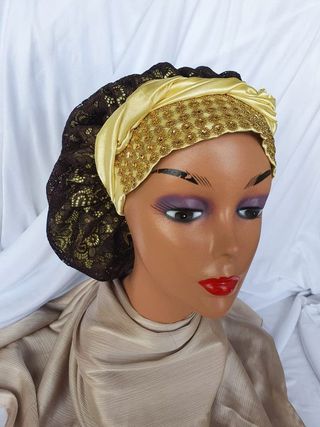 Satin Bonnet (Embellished) – Noir Gold Lace