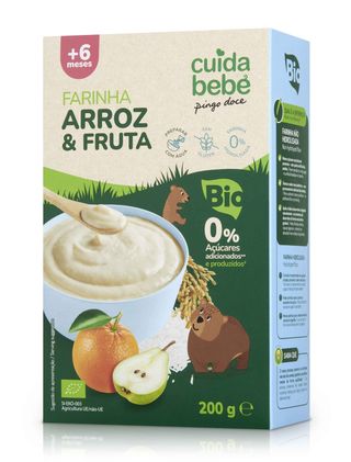 Papa Infantil Farinha Láctea de Arroz e Fruta Bio Sem Glúten Sem Açúcar Cuida Bebé 200G