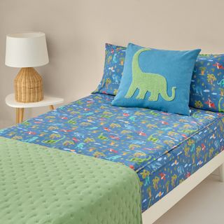 Saco De Dormir De Algodón Percal 180 Hilos Estampado Dinosaurios Dinis Azul cama 80-90cm