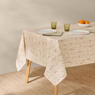 Mantel Antimanchas Algodón Flores Rita Marfil Crudo 4 Comensales