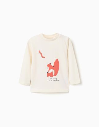 T-shirt de algodão 'raposa e minhoca' para bebé menino, branco, Tamanho 9/12M