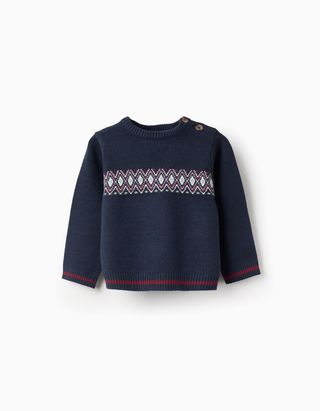 Camisola de Malha com Jacquard e Riscas para Bebé Menino, Azul Escuro, Tamanho 6/9M