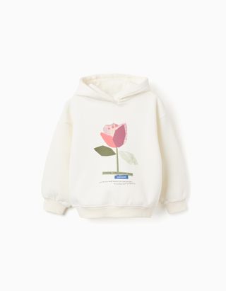 Sweat cardada com capuz e estampado 'flor' para menina, branco, Tamanho 9/10