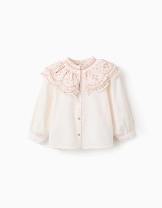 Blusa de algodão popeline com bordado para menina, branco/rosa, Tamanho 11/12