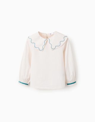Blusa de algodão popeline com bordado para menina, branco/turquesa, Tamanho 4/5