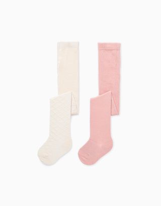 Pack de 2 collants de malha canelada/ajurada para bebé menina, rosa/bege, Tamanho 15/18