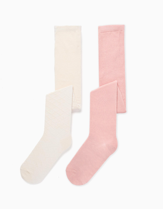 Pack de 2 collants de malha canelada/ajurada para menina, rosa/bege, Tamanho 23/26