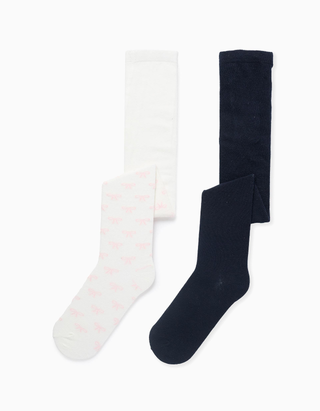 Pack de 2 collants lisos/com motivo para menina, azul-escuro/branco, Tamanho 31/34
