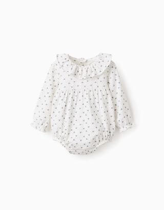 Body com Motivo de Folhas e Gola de Folhos para Recém-Nascida, Branco, Tamanho 12/18M