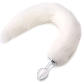 Butt Plug Metal Silver Small Long Tail White PL
