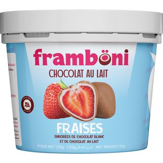 FRAMBONI FRAISES ENROBEES DE CHOCOLAT AU LAIT ET BLANC 135G
