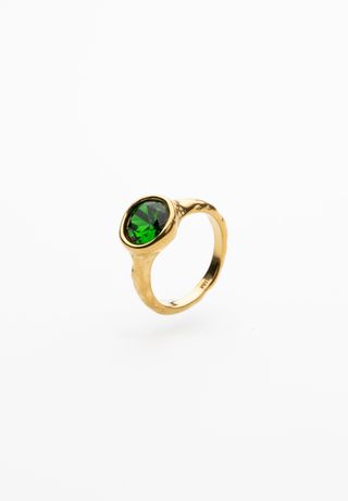 Anillo Cristal Redondo Verde Dorado / 8