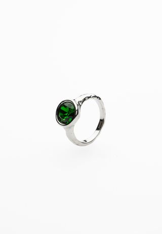 Anillo Cristal Redondo Verde Plateado / 8