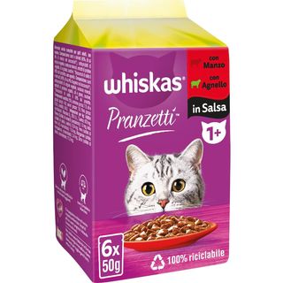 Whiskas Pranzetti Cibo Umido Gatto con Manzo e Agnello in Salsa 6x50g