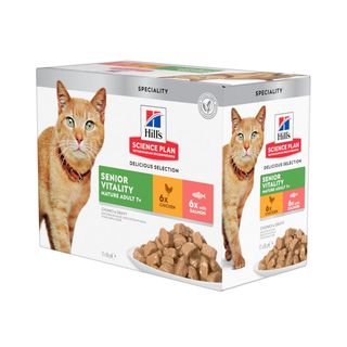 12 saquetas x 85 g Hill's Science Plan Senior Vitality Sachê de frango e salmão em molho para gatos