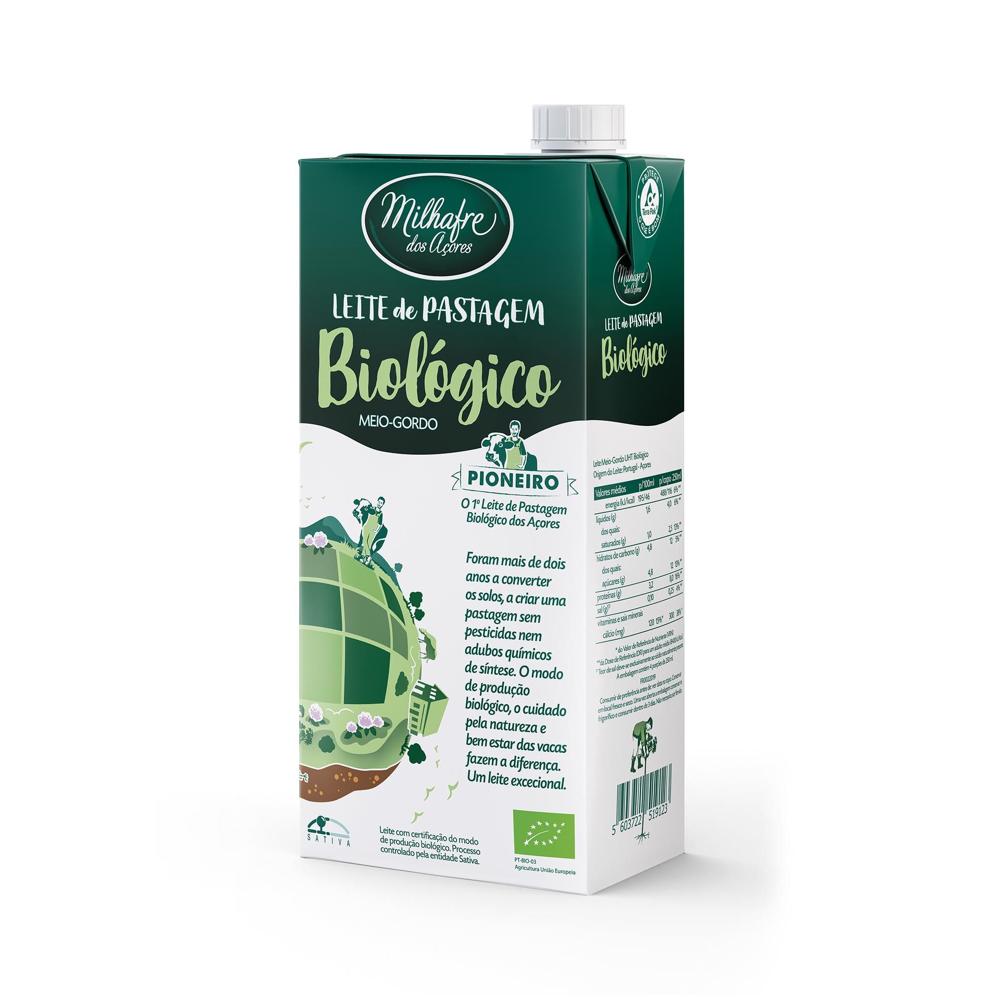 Leite UHT Meio Gordo de Pastagem Biológico  Açores Milhafre 1L