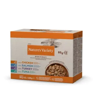 1.02 KG Nature’s Variety Bocaditos de Pavo, Atún, Pollo y Salmón Sobre en Salsa para gatos - Multipack 12
