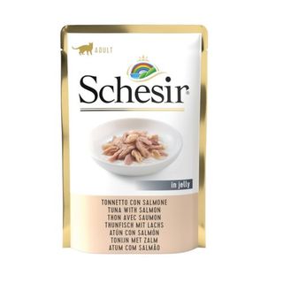 0.085 KG Schesir Adult atún con salmón sobre para gatos.