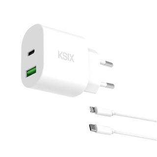 KSIX Cargador 20W,20W,PD,GAN,USB-C+USB-A,USB-C,1m blanc-ATBCD20WA03