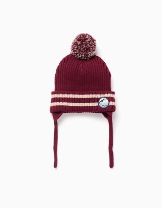 Gorro de malha com tiras laterais e pompom para bebé menino, vermelho - Tamanho XS