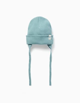 Gorro de malha com tiras laterais para bebé menino, azul-esverdeado - Tamanho XS