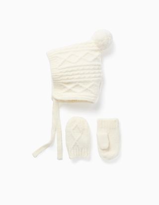 Conjunto de gorro e luvas de malha entrançada para bebé menina, branco - Tamanho XS