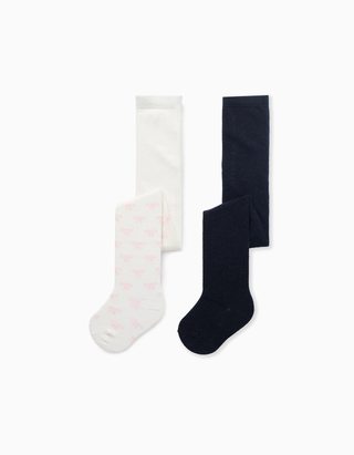 Pack de 2 collants lisos/com motivo para bebé menina, azul-escuro/branco - Tamanho 15/18