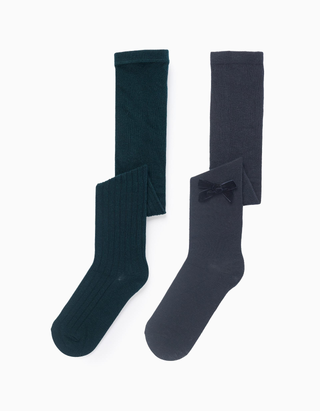 Pack 2 collants canelados/com laço para menina, azul-escuro/verde - Tamanho 27/30