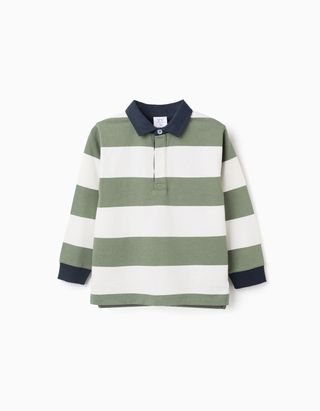Polo de manga comprida de algodão às riscas para menino, verde/branco/azul - Tamanho 5/6