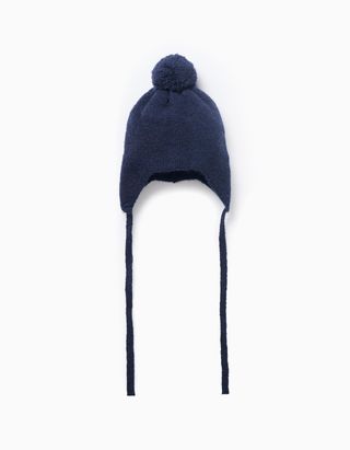 Gorro de malha com tiras laterais e pompom para recém-nascido, azul - Tamanho 3/6M