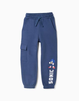 Joggers cardados com estampado Sonic e bolso cargo para menino, azul - Tamanho 7/8