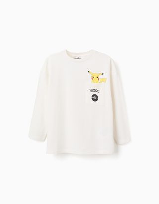 T-shirt de algodão com estampado Pikachu para menino, branco - Tamanho 3/4