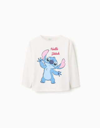 T-shirt de algodão com Stitch e folhos para menina, branco - Tamanho 4/5